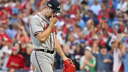 Braves starting pitcher Spencer Strider (65) is relieved after the six-run during third inning of game three of the National League Division Series against the Philadelphia Phillies at Citizens Bank Park in Philadelphia on Friday, October 14, 2022. (Hyosub Shin / Hyosub.Shin@ajc.com)