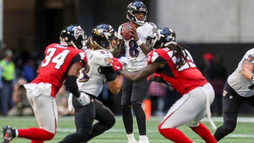 The Falcons will not pursue quarterback Lamar Jackson in free agency, according to a person with the team familiar with the situation. (ALYSSA POINTER file photo)
