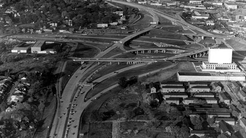 Atlanta, Ga.: Interstate interchanges in southeast section of Atlanta. Georgia Archives building in center right. Downtown expressway runs left-right, I-20 runs top to bottom. (early 1960s)