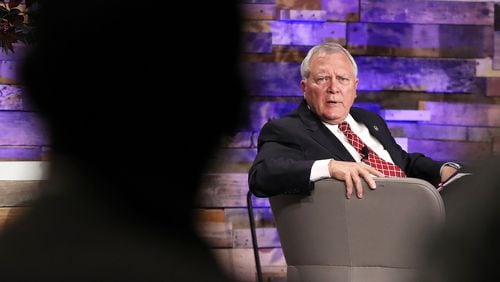 Gov. Nathan Deal takes a question from a member of the audience while discussing the Opportunity School District referendum at Impact Church on Tuesday, Oct. 25, 2016, in East Point. Curtis Compton /ccompton@ajc.com