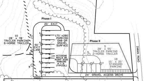A concept drawing shows trailer parking and riding trails for a possible equestrian center behind Inman Elementary School. Courtesy Fayette County
