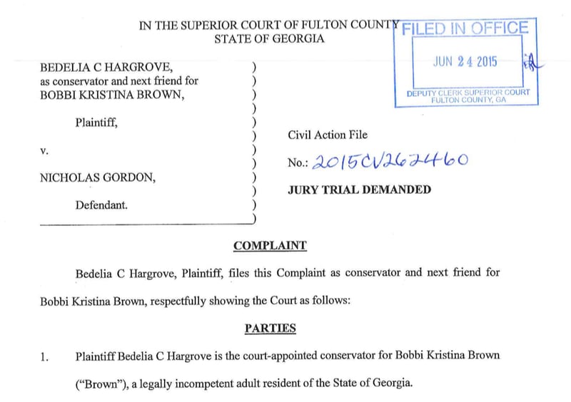 Bobbi Kristina Brown's legally appointed conservator has filed suit against Nick Gordon in Fulton County Superior Court.