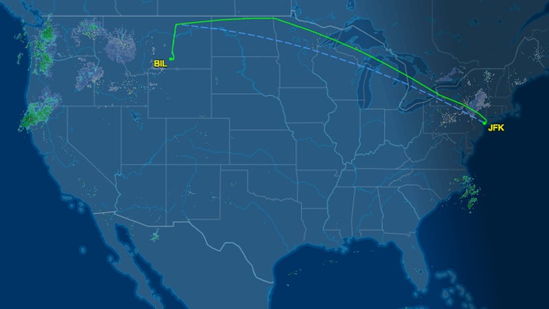 Delta flight 253 was bound for Seattle from New York but had to divert to Billings, Montana after the toilets stopped working. (Photo credit: FlightAware)