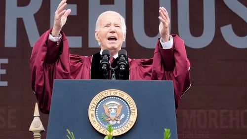 President Joe Biden speaks to graduating students at the Morehouse College commencement Sunday, May 19, 2024, in Atlanta. (AP Photo/Alex Brandon)