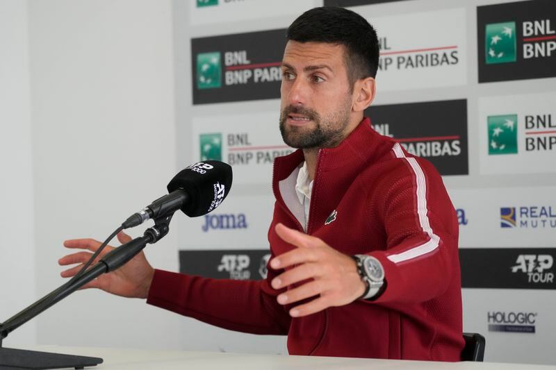 Serbia's Novak Djokovic talks to journalists during a press conference at the Italian Open tennis tournament in Rome, Wednesday, May 8, 2024.(AP Photo/Gregorio Borgia)
