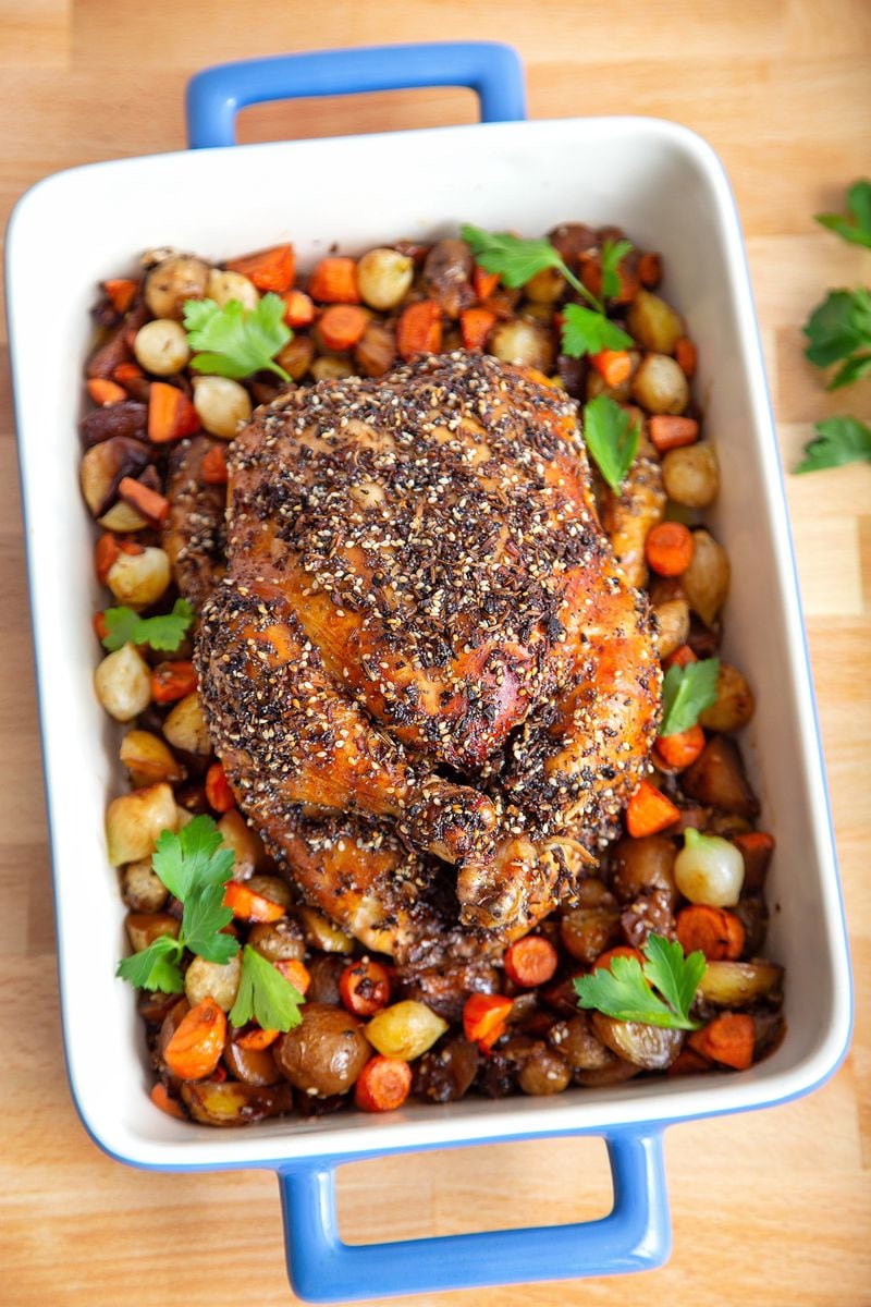 Everything Bagel-crusted Roast Chicken with Root Vegetables. (Courtesy of Brooke Slezak)