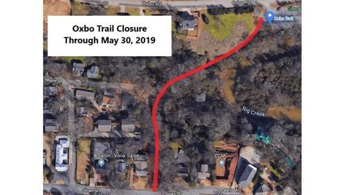 Map depicts the section of the Oxbo Trail in historic Roswell that will be closed into the month of May. CITY OF ROSWELL