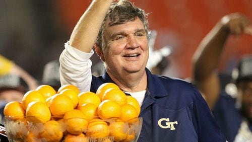 MIAMI GARDENS, FL - DECEMBER 31: Head coach Paul Johnson of the Georgia Tech Yellow Jackets waves to the crowd after the Capital One Orange Bowl game against the Mississippi State Bulldogs at Sun Life Stadium on December 31, 2014 in Miami Gardens, Florida. (Photo by Marc Serota/Getty Images) Georgia Tech coach Paul Johnson led the Yellow Jackets to their first major bowl title since the 1956 Sugar Bowl. (ASSOCIATED PRESS)