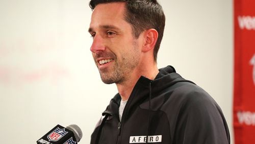 January 11, 2017, Flowery Branch: Falcons offensive coordinator Kyle Shanahan smiles while answering a question during his press conference while preparing for the NFC divisional playoff football game against the Seahawks on Wednesday, Jan. 11, 2017, in Flowery Branch. Shanahan responded to questions on his ongoing interview process for head coaching jobs. Curtis Compton/ccompton@ajc.com