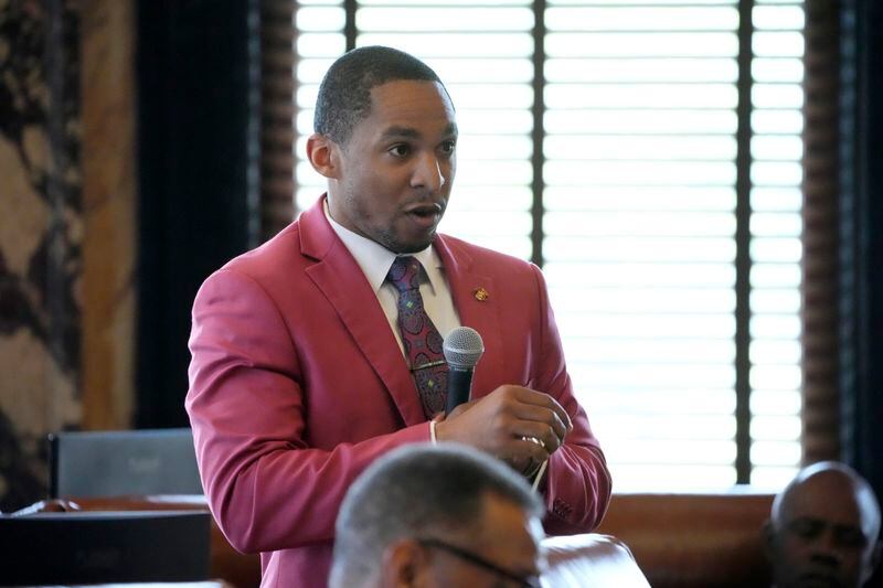 Mississippi State Sen. Bradford Blackmon, D-Canton, asks a question in the Senate chamber at the state Capitol in Jackson, Miss., Thursday, May 2, 2024. (AP Photo/Rogelio V. Solis)