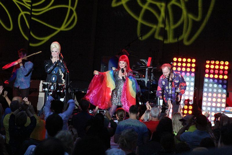 The B-52s joined Culture Club and Tom Bailey of The Thompson Twins for a rainy, sold-out show at State Bank Amphitheatre at Chastain Park on July 22, 2018. Photo: Melissa Ruggieri/AJC