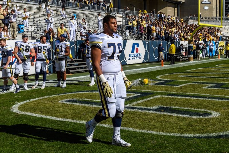 Former Georgia Tech offensive lineman Eason Fromayan took part in senior day festivities last season prior to the Virginia game.