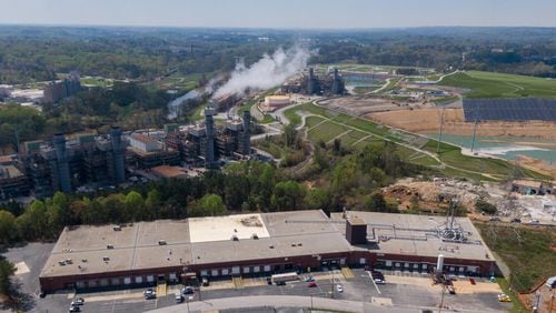 March 26, 2020 Smyrna - Aerial view shows The Sterigenics plant (foreground) in Smyrna on Thursday, March 26, 2020. Cobb County Commission Chairman Mike Boyce signed an emergency authorization Wednesday, allowing Sterigenics to reopen on a âlimited contingency basis.â The plant had been closed since August pending the re-issuance of local and state permits. (Hyosub Shin / Hyosub.Shin@ajc.com)