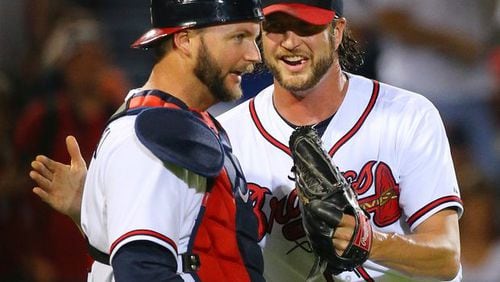 A.J. Pierzynski (left) has worked well with veteran pitchers (closer Jason Grilli, picutred) and rookies. A lot of rookies. (Curtis Compton/AJC file photo)
