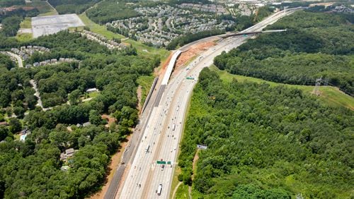 Aerial photo depicts construction progress of the Northwest Corridor Express Lanes at the I-75/I-575 junction near Marietta. STATE ROAD AND TOLLWAY AUTHORITY