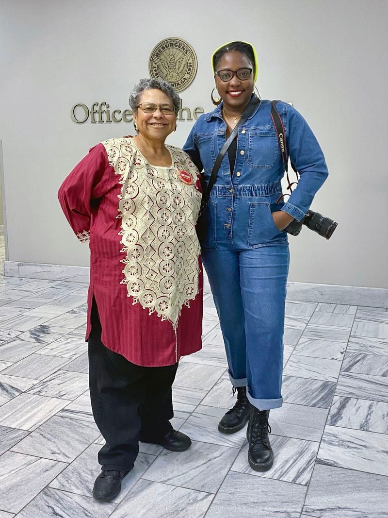 Photographer Susan “Sue” Ross and AJC photographer Natrice Miller at the reception for “A Phoenix Reborn” exhibit at Atlanta City Hall on Thursday, Feb. 23, 2024. (Natrice Miller/ Natrice.miller@ajc.com)