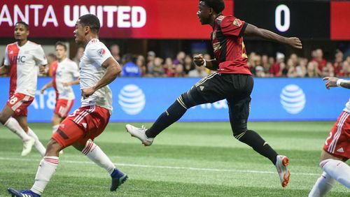 Atlanta United's George Bello follows through on a goal scoring kick against the New England Revolution during the first half of an MLS soccer game, Saturday, Oct. 6, 2018. (John Amis)