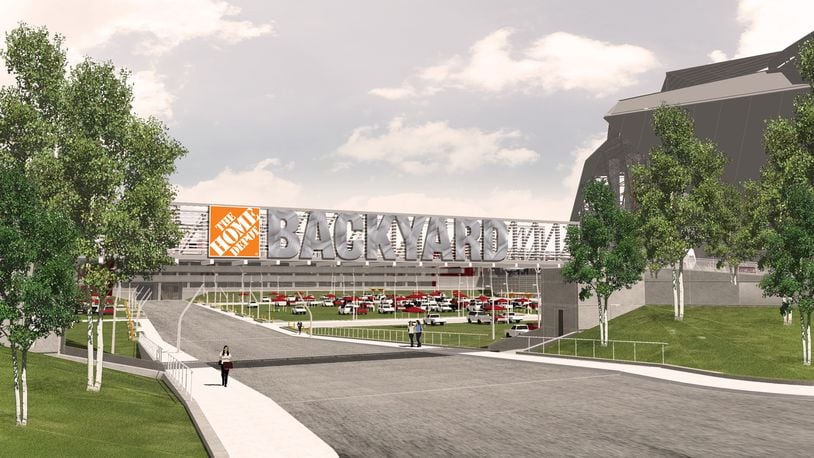 A rendering of the 13-acre Home Depot Backyard, a park that will be constructed on a portion of the site currently occupied by the Georgia Dome.
