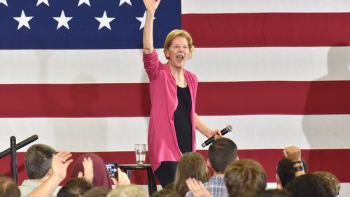 Democratic presidential candidate Elizabeth Warren waves to supporters during an "organizing event"  at Central Gwinnett High School on Saturday, February 16, 2019, to rally supporters behind her bid for the White House. (Photo: HYOSUB SHIN / HSHIN@AJC.COM)