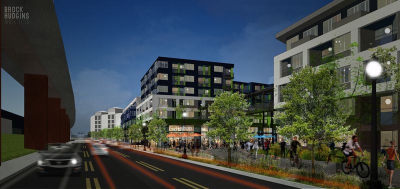 Three organizations have partnered to create an $80 million mixed-use development with affordable housing on a property near Krog Street Market. This rendering shows the view looking west down DeKalb Ave.