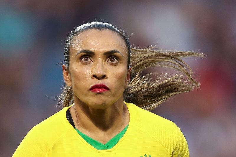 FILE - Brazil's player Marta runs during the Women's World Cup round of 16 soccer game against France at Oceane stadium in Le Havre, France, June 23, 2019. The six-time women's world player of the year plans to retire from the national team after 2024. (AP Photo/Francisco Seco, File)
