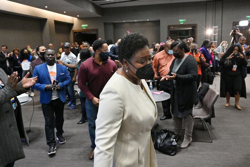 Atlanta mayoral candidate Felicia Moore walks to the podium to speak to her supporters during a runoff election watch party held at W Atlanta hotel on Tuesday, November 30, 2021. (Hyosub Shin / Hyosub.Shin@ajc.com)