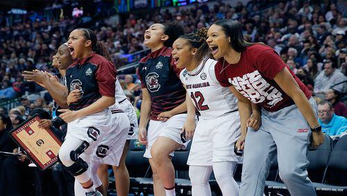 The South Carolina Gamecocks react to their win over No. 2 Mississippi State in the 2017 NCAAW National Championship game on Sunday, April 2, 2017.