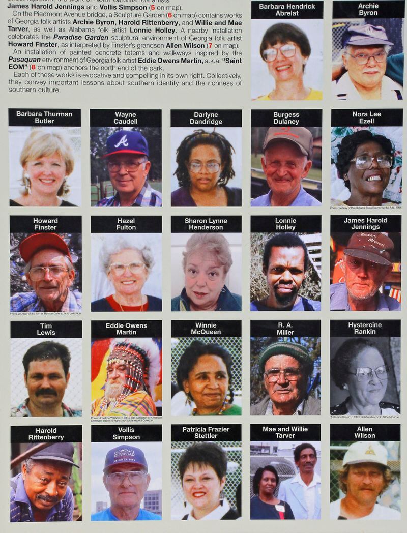 This display shows the artists whose work is represented at the park. (Bob Andres/AJC)
