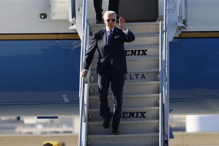 President Joe Biden arrives in Atlanta on Air Force One, where he is scheduled to deliver remarks at Ebenezer Baptist Church with Sen. Raphael Warnock on Sunday, January 15, 2023. Biden is the first seated president to speak at the church on a Sunday regular service. Miguel Martinez / miguel.martinezjimenez@ajc.com