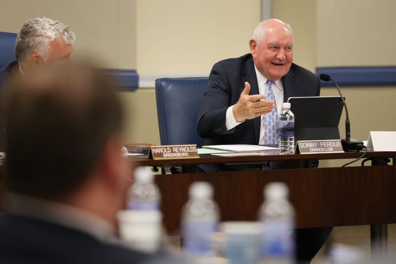 University System of Georgia Chancellor Sonny Perdue speaks to the board members during a 2022 meeting of the Georgia Board of Regents held at the system's downtown Atlanta headquarters. (Miguel Martinez / AJC file photo)