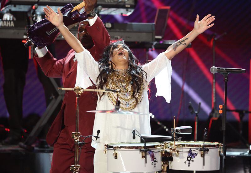 Sheila E. performs a tribute to Prince at the BET Awards at the Microsoft Theater on Sunday, June 26, 2016, in Los Angeles. (Photo by Matt Sayles/Invision/AP)