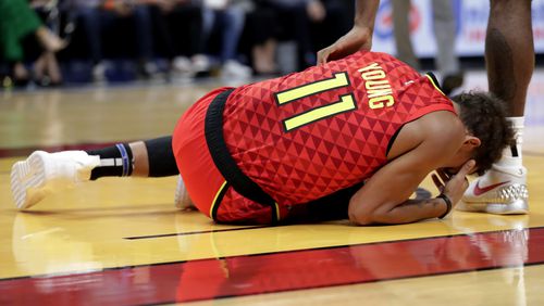 Each time the Hawks Trae Young goes down is a painful experience for all. (AP Photo/Lynne Sladky)