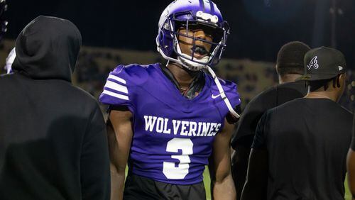 Miller Grove's Cayman Spalding (3) reacts after catching an interception during a GHSA high school football game between Stephenson High School and Miller Grove High School at James R. Hallford Stadium in Clarkston, GA., on Friday, Oct. 8, 2021. (Photo/Jenn Finch)