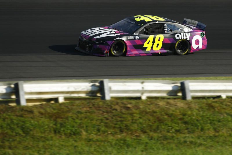 Jimmie Johnson competes in the NASCAR Cup Series auto race at Pocono Raceway, Sunday, June 28, 2020, in Long Pond, Pa. Johnson tested positive for COVID-19 and will miss the July 5 race in Indianapolis. (AP Photo/Matt Slocum)