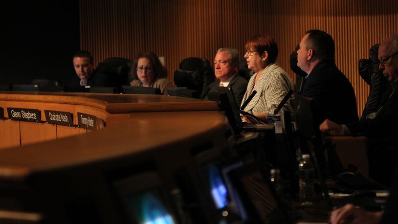 Members of the Gwinnett County Board of Commissioners during their Jan. 17 meeting. (HENRY TAYLOR / HENRY.TAYLOR@AJC.COM)