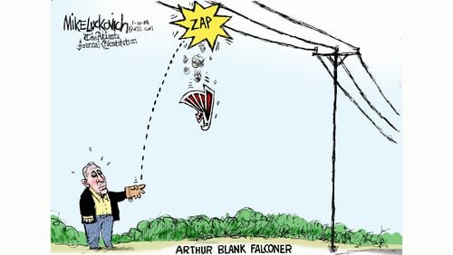 Editorial cartoon by Mike Luckovich about the Atlanta Falcons. With the caption, "Arthur Blank, Falconer."