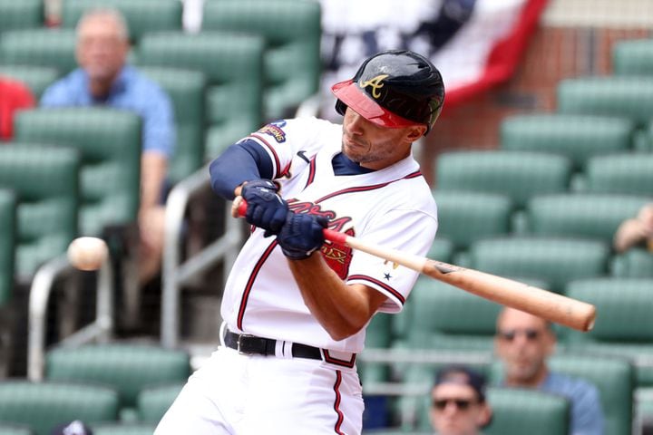 Braves first baseman Matt Olson swings during a game against the Nationals on Wednesday at Truist Park. (Miguel Martinez / miguel.martinezjimenez@ajc.com)