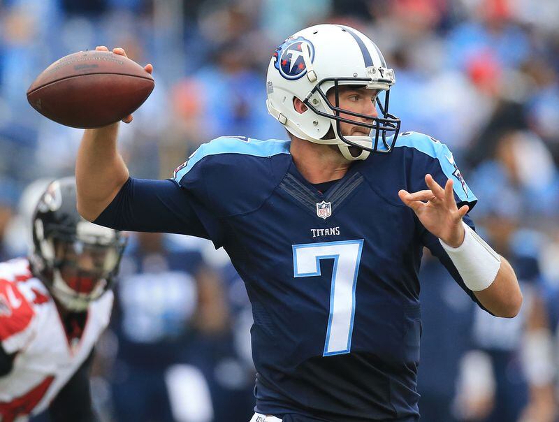 102515 NASHVILLE: -- Titans quarterback Zach Mettenberger passes against the Falcons during the first half in a football game on Sunday, Oct. 25, 2015, in Nashville. Curtis Compton / ccompton@ajc.com