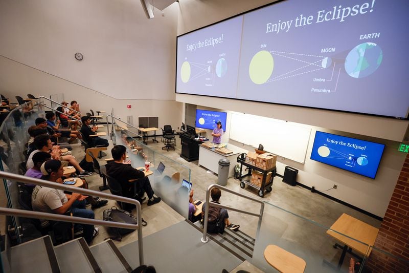 Georgia Tech Astronomy Club members gathered on Monday, April 1, 2024, to discuss and plan the trip to see the upcoming April 8 eclipse. They went through a presentation to learn ways to watch the eclipse safely. (Miguel Martinez /miguel.martinezjimenez@ajc.com)