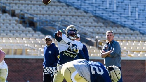 Georgia Tech quarterback TaQuon Marshall will lead the first-team offense (white team) in Friday night’s spring game to close spring practice at Bobby Dodd Stadium. (Danny Karnik/GTAA)