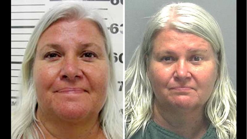 Cynthia Grund’s sister, Lois Ann Riess, 56, of Blooming Prairie, Minnesota, is pictured in mugshots taken, at left, in South Padre Island, Texas, on April 19, 2018, and, at right, in Fort Myers, Florida, 10 days later following her extradition from Texas. Riess is charged in the April 5, 2018, slaying of Pamela Hutchinson, 59, in Fort Myers and is a suspect in the March 2018 shooting death of her husband, David Riess, on their Minnesota farm.