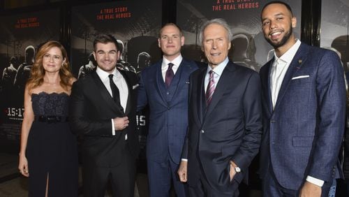 Jenna Fischer, Alek Skarlatos, Spencer Stone, Clint Eastwood and Anthony Sadler at the Burbank, Calif. premiere of "The 15:17 to Paris." Photo by Rodin Eckenroth/Getty Images