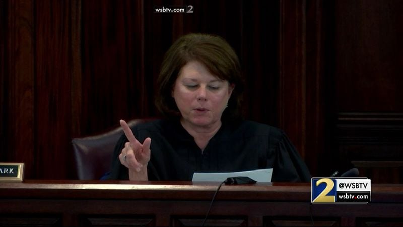 Judge Mary Staley Clark considers the details of having the jury see Justin Ross Harris' SUV, during Harris' murder trial at the Glynn County Courthouse in Brunswick, Ga., on Tuesday, Oct. 25, 2016. The defense voiced its concerns that showing the SUV would alter the crime scene. (screen capture via WSB-TV)