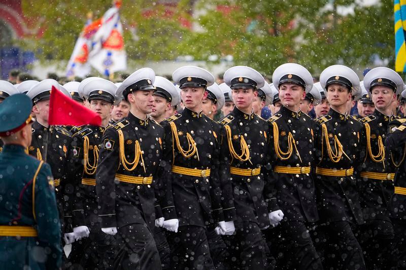 Russian military cadets march during the Victory Day military parade in Moscow, Russia, Thursday, May 9, 2024, marking the 79th anniversary of the end of World War II. (AP Photo/Alexander Zemlianichenko)