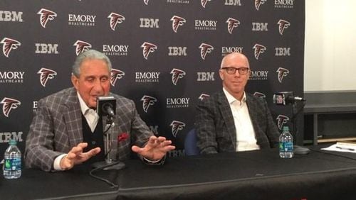 Falcons owner Arthur Blank and president Rich McKay discussing the return of coach Dan Quinn and general manager Thomas Dimitroff on Thursday in Flowery Branch. (By D. Orlando Ledbetter/dledbetter@ajc.com)