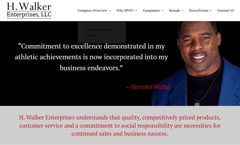 The landing page for H. Walker Enterprises website, a company owned by Herschel Walker. The company’s website lists a range of experience and services offered, including food supply and services, staffing services, janitorial services, textile fabrication, security services and promotional merchandise.