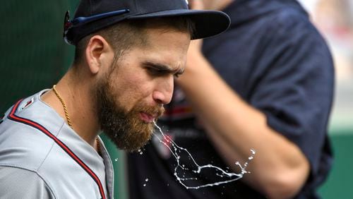 Braves center fielder Ender Inciarte opts to spit rather than swallow that sip of water during a game against Washington. Can't have that sort of thing now. (Photo by Mark Goldman/Icon Sportswire via AP Images)