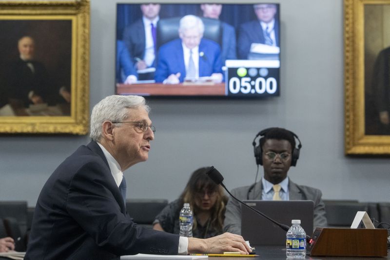 Attorney General Merrick Garland testifies before the House Committee on Appropriations, Subcommittee on Commerce, Justice, Science, and Related Agencies budget hearing on Capitol Hill, Monday, April 15, 2024, in Washington. (AP Photo/Kevin Wolf)