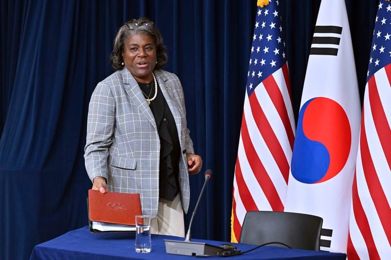 U.S. Ambassador to the United Nations Linda Thomas-Greenfield arrives to attend a press conference at the American Diplomacy House in Seoul Wednesday, April 17, 2024. (Jung Yeon-je/Pool Photo via AP)