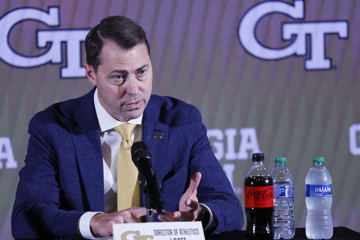 New Georgia Tech athletic director J Batt answers questions from the media during his introductory news conference Monday. (Miguel Martinez / miguel.martinezjimenez@ajc.com)
